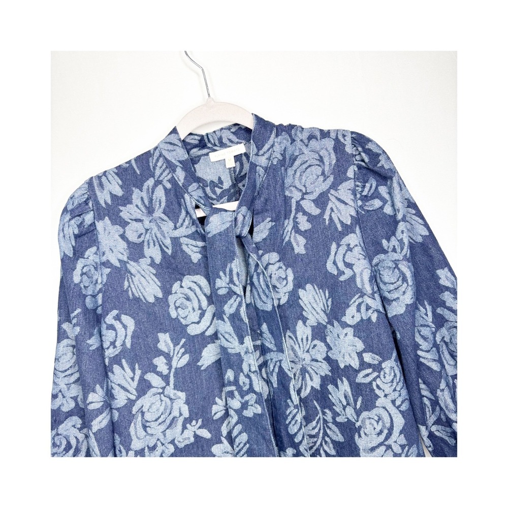 Flying Tomato Denim Mini Dress Size M Floral Print Balloon Sleeve Tie Neck - Picture 3 of 11